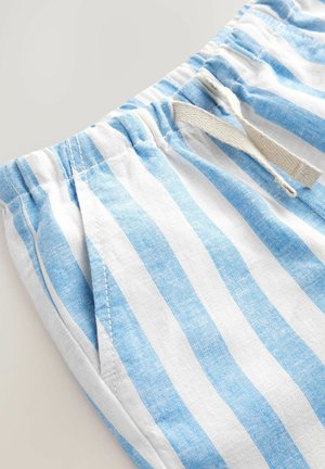 Shorts rayés en bleu clair et blanc, fabriqués à partir d'un tissu texturé. Dotés d'une taille élastique et d'un cordon de serrage pour l'ajustement.