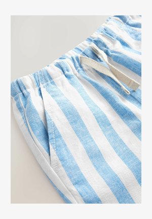 Joslas bikses gaiszi zila un baltā krāsā, izgatavotas no strukturētas auduma. Iekļauts elastīgs jostasvīrs un regulējams aukliņa.