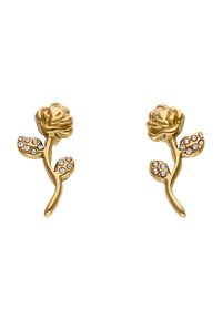Guldtonede blomsterøreringe formet som roser med klare rhinestone-detaljer på bladene og stænglerne, der har en poleret overflade.
