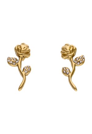 Gold-tone floral earrings shaped like roses with clear rhinestone accents on the leaves and stems, featuring a polished finish.