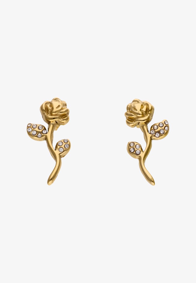 Guldtonede blomsterøreringe formet som roser med klare rhinestone-detaljer på bladene og stænglerne, der har en poleret overflade.