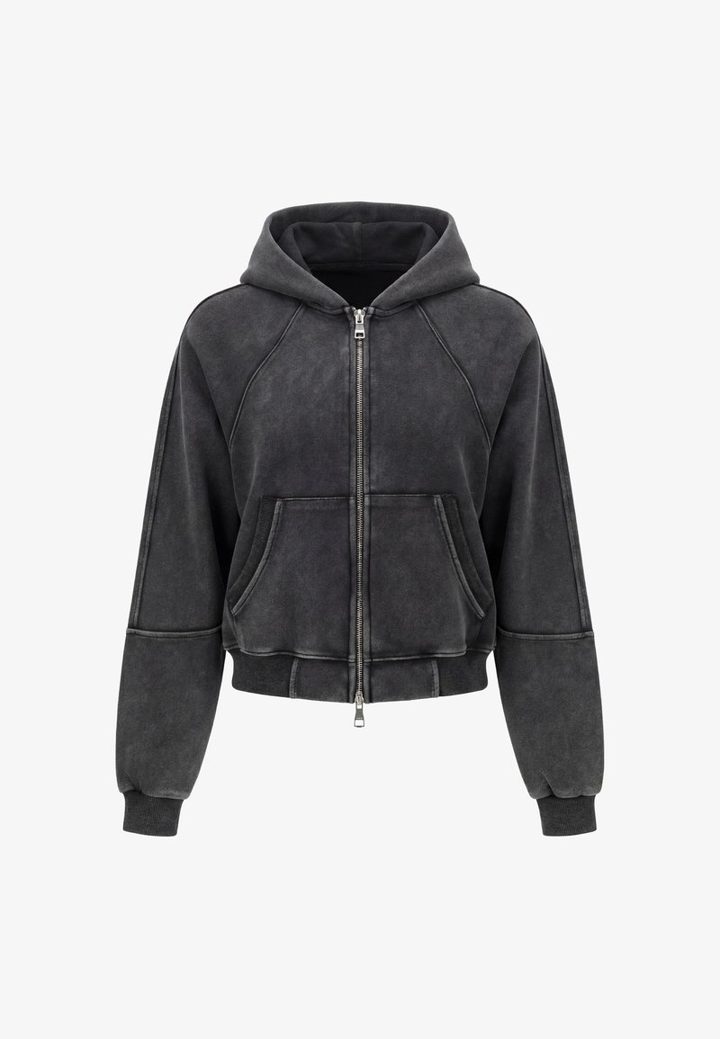 Sweat à capuche zippé gris foncé avec poches kangourou à l'avant et poignets et ourlet côtelés, présenté sur fond blanc.
