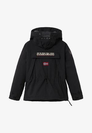 Parka nera con cappuccio, dotata di tasca frontale con zip, bandiera norvegese ricamata e cordino regolabile in vita e ai polsini.