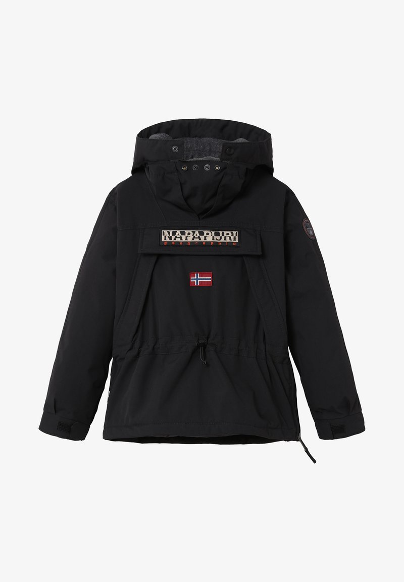 Parka noire avec une capuche, dotée d'une poche zippée à l'avant, d'un drapeau norvégien brodé et d'un cordon de serrage ajustable à la taille et aux poignets.