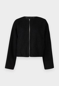 Black cropped jacket made from textured fabric, featuring a round neckline and a full front zipper. Long sleeves with a relaxed fit.