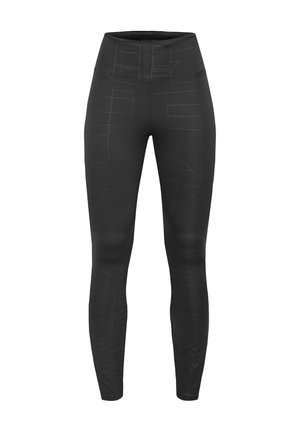 Schwarze Leggings aus dehnbarem Stoff mit einem strukturierten Muster und geometrischen Linien. Hoher Bund für zusätzlichen Komfort.