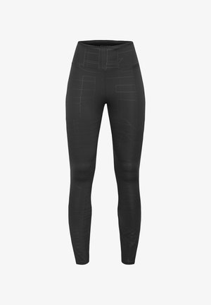 Zwarte legging gemaakt van rekbare stof, met een textuurpatroon en geometrische lijnen. Hoog taille ontwerp voor comfort.