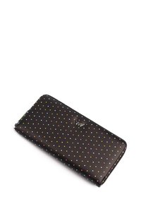 Black leather wallet featuring colorful polka dots in yellow, pink, and blue. Zip closure and branded logo embossed on the front.