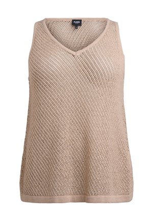 Beige sleeveless knit top with a v-neckline, featuring an open weave texture and a relaxed fit, finished with a knit hem.