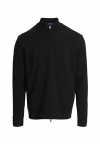 Pull à zip noir, fabriqué en mailles lisses, avec un col montant, des poignets côtelés et un ourlet droit. Aucun motif ou accent visible.