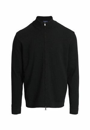Zwarte zip-up trui, gemaakt van een glad gebreid materiaal, met een hoge kraag, geribbelde manchetten en een rechte zoom. Geen zichtbare patronen of accenten.