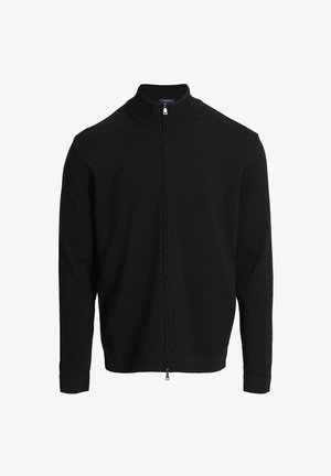 Zwarte zip-up trui, gemaakt van een glad gebreid materiaal, met een hoge kraag, geribbelde manchetten en een rechte zoom. Geen zichtbare patronen of accenten.