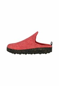 Rød filt slip-on klump med sort prikket gummisål og en pull-tab ved hælen, designet til afslappet indendørs eller udendørs brug.