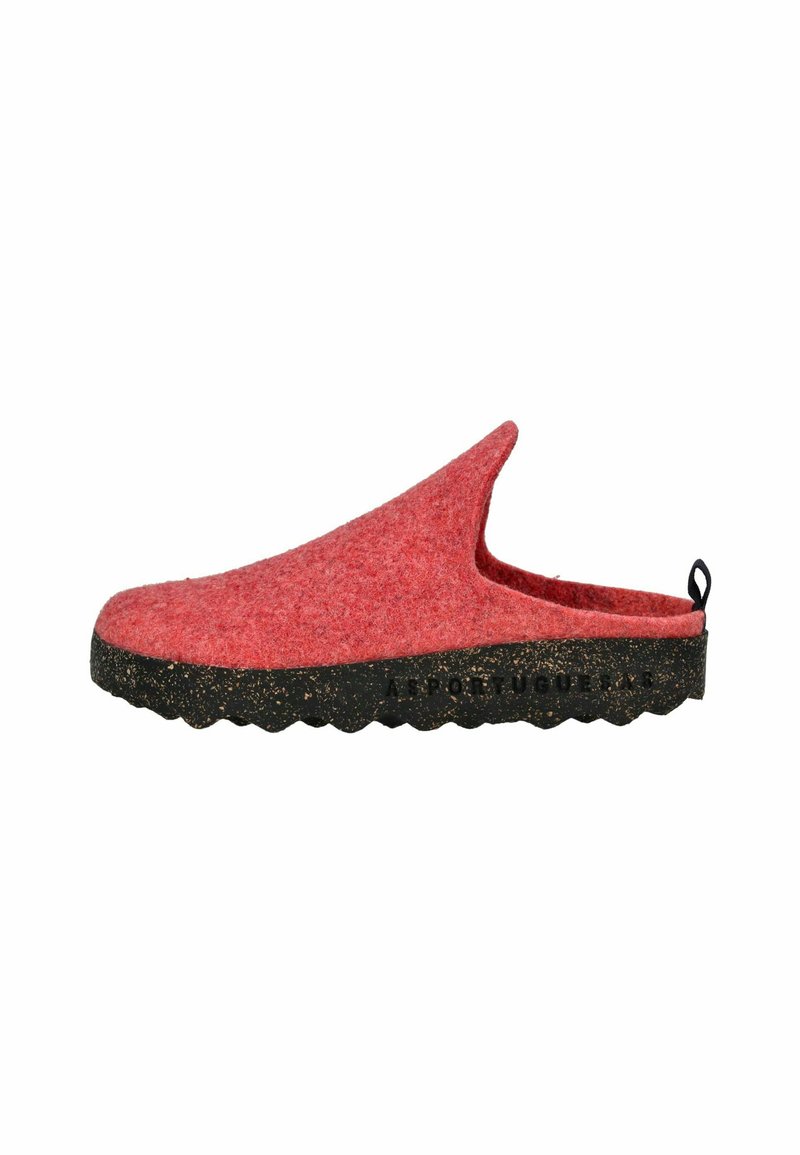Rød filt slip-on klump med sort prikket gummisål og en pull-tab ved hælen, designet til afslappet indendørs eller udendørs brug.