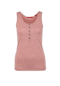 Top sin mangas de color rosa jaspeado con cuello redondo y cinco pequeños botones en el centro delantero.