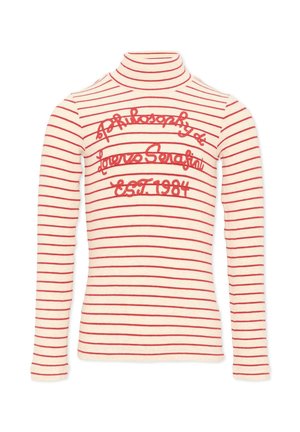 Maglietta a maniche lunghe color crema con collo alto, sottili righe orizzontali rosse e testo ricamato rosso con la scritta "a philosophy de flores Serafini EST. 1984" sul davanti.