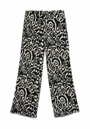 Pantaloni a gamba larga in bianco e nero con un motivo geometrico astratto a spirale e diamanti e una cintura diritta.
