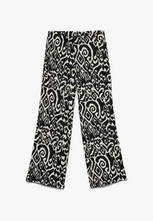Zwart-witte broek met wijde pijpen, een abstracte swirl- en diamantvormige geometrische print en een rechte tailleband.