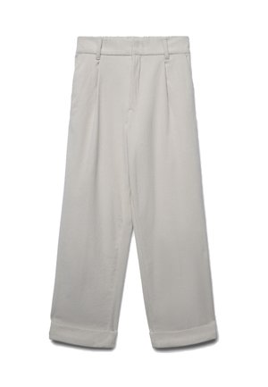 Pantaloni in corduroy grigio chiaro con pieghe, passanti per cintura e orli risvoltati, disposti piatti su uno sfondo bianco.