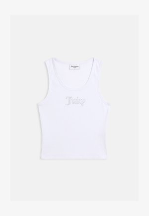 Bela rebrasta brezrokavnik s kratkim zgornjim delom, okrogel izrez in napis "Juicy" iz kristalčkov na prsih.