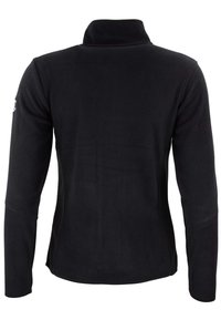 Veste en polaire noire avec un col haut, des manches longues et des panneaux latéraux pour un design ajusté. Texture douce sans motifs visibles.