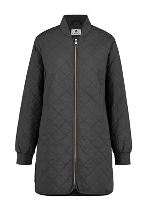 Sort quiltet lang jakke med sølvfarvet lynlås foran, ribstrikkede manchetter, stående krave og Luhta-mærke indeni kraven.