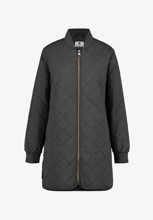 Black quilted long jacket with front silver zipper, ribbed cuffs, stand collar, and Luhta brand label inside collar.