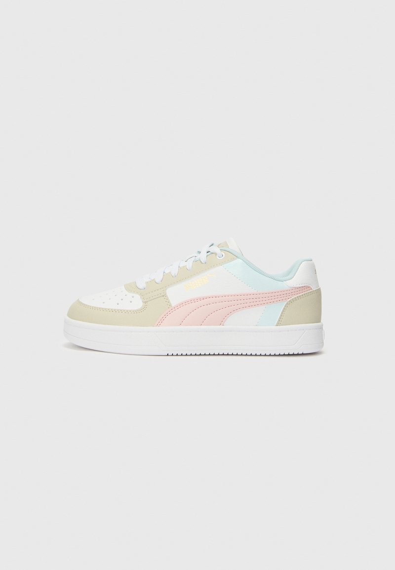 Sneakers feature a mix of olive green, pastel pink, and light blue leather materials, with a white rubber sole and perforated toe cap.