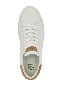 White leather sneaker with a round toe, featuring beige suede accents on the heel and tongue, and white laces over a textured surface.
