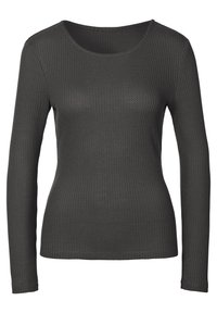 Langarmshirt in Dunkelgrau, gerippte Struktur, runder Halsausschnitt, figurnahe Passform. Das Material wirkt weich und dehnbar, mit einem eleganten Finish.