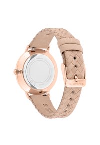 Roségoldene Uhr mit einem Edelstahlgehäuse, einem runden Zifferblatt und einem hellbeigen geflochtenen Lederarmband mit verstellbarer Schnalle.
