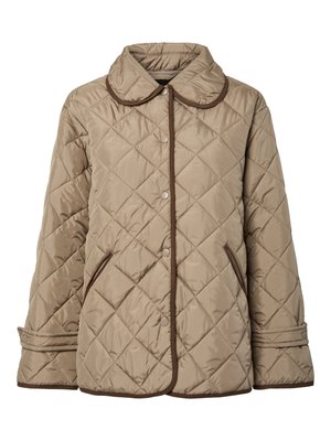 Μπεζ μπουφάν με ραφή καπιτονέ και καφέ περιθώριο, με στρογγυλό γιακά, κουμπιά πατιλέτα και δύο πλαϊνές τσέπες. Μαλακό ύφασμα με διαμαντένιο σχέδιο.