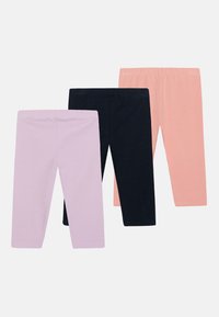 Tre par leggings i mjuk jersey: ljuslila, marinblå och persika. Varje par har ett elastiskt midjeband och är ankellånga.