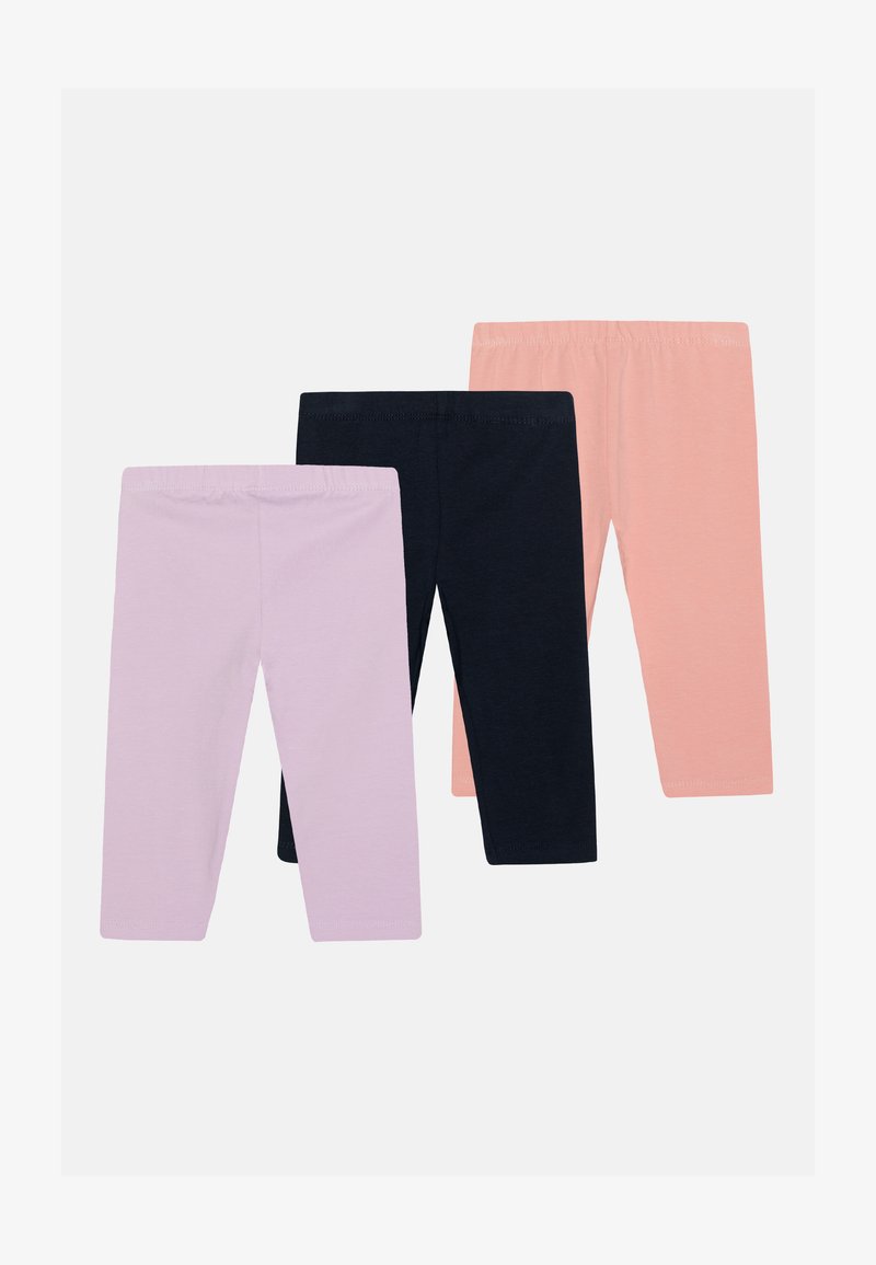 Tre par leggings i mjuk jersey: ljuslila, marinblå och persika. Varje par har ett elastiskt midjeband och är ankellånga.