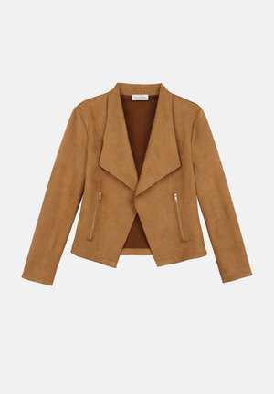 Brown faux suede jacket with a wide lapel, two zippered pockets, long sleeves, and an open front design. Smooth texture and modern construction.