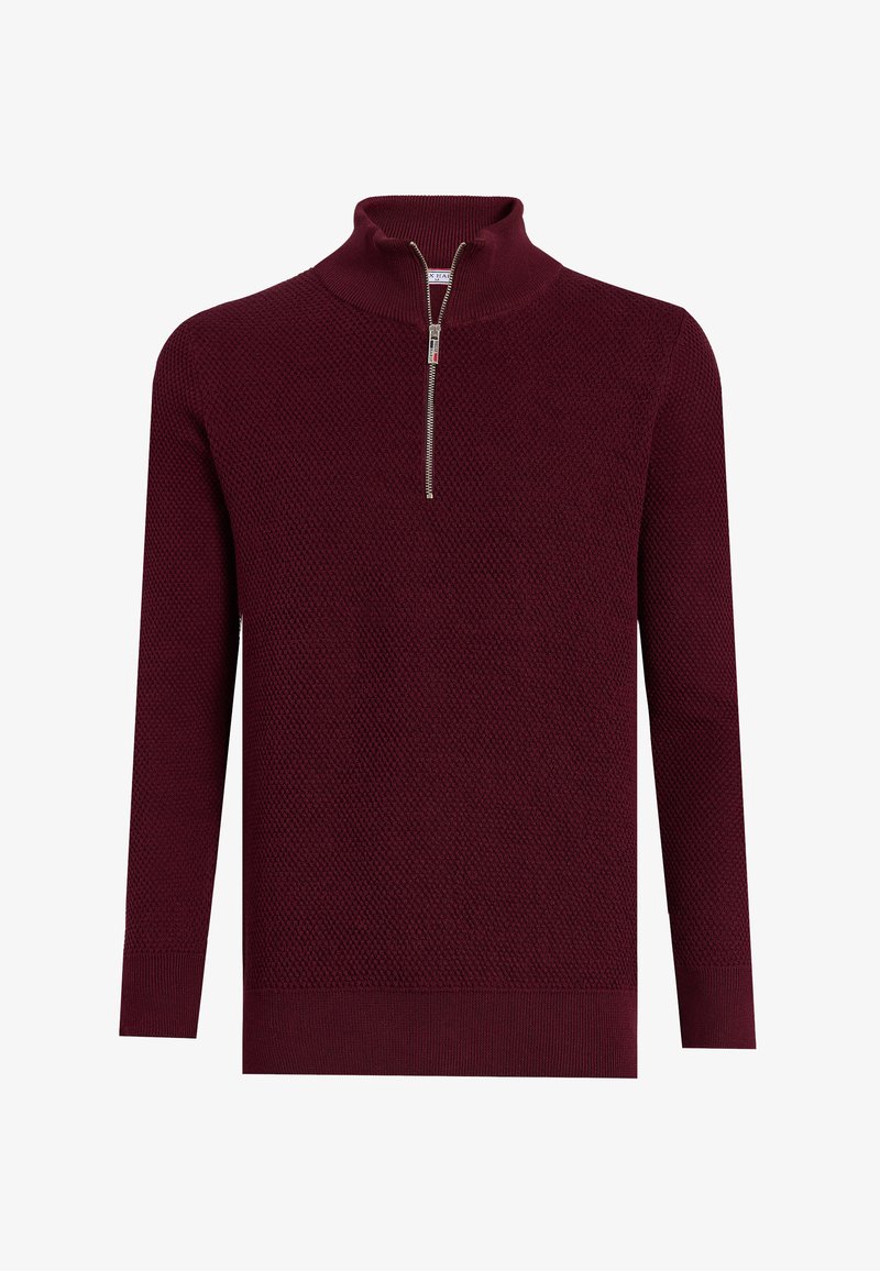 Maglione bordeaux in tessuto a maglia strutturata, con colletto con mezza cerniera e maniche lunghe, polsini e orlo a coste.