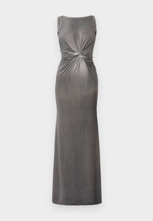 Gray fitted maxi dress with a scoop neckline and twist detailing at the waist. Made from soft, smooth fabric with a slightly shiny texture.