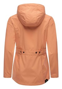 Light coral waterproof jacket with a fitted hood, adjustable waist, and long sleeves. Features black button accents and textured fabric.