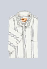 White short-sleeve shirt with black vertical stripes, buttoned collar, and chest pocket. Fabric appears textured. Brand label visible.