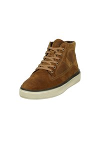 Brown suede high-top sneaker with round toe, beige laces, and rubber sole. Features a textured side panel and stitched accents.