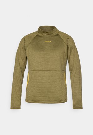 Olivgrön långärmad skjorta med hög hals, texturerad tyg och gula accenter längs sidsömmarna; har en avslappnad passform.