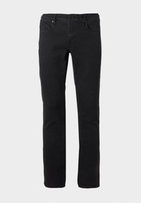 Vaqueros negros de corte ajustado, con cierre delantero de botón y cremallera, diseño de cinco bolsillos y corte recto en las piernas.