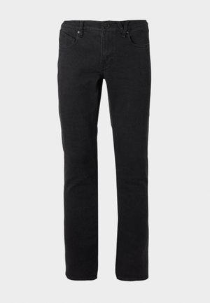 Svarte smale jeans med frontknapp og glidelåslukking, femlommers design og rett ben.