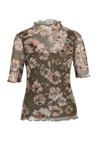 Sheer floral blouse in olive green, featuring short sleeves, scalloped edges, and a pink and white flower pattern. Lightweight fabric and elegant design.