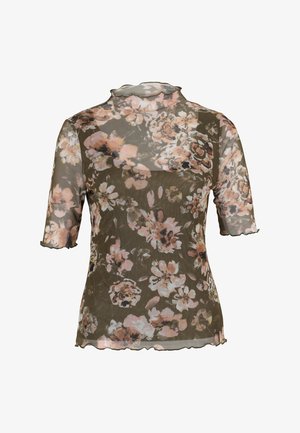 Durchsichtige Blumenbluse in Olivgrün, mit kurzen Ärmeln, gewellten Kanten und einem rosa-weißen Blumenmuster. Leichter Stoff und elegantes Design.