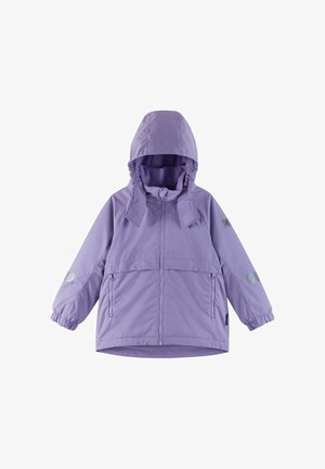 Purple waterproof jacket with a hood, elastic cuffs, front zip, and reflective accents. Features a clean design and soft texture.