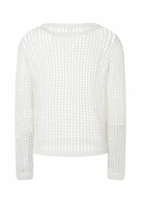 Weißer, offener Strickpullover mit langen Ärmeln, runder Halsausschnitt und strukturiertem Gewebe. Bietet eine lockere, luftige Konstruktion für Atmungsaktivität.