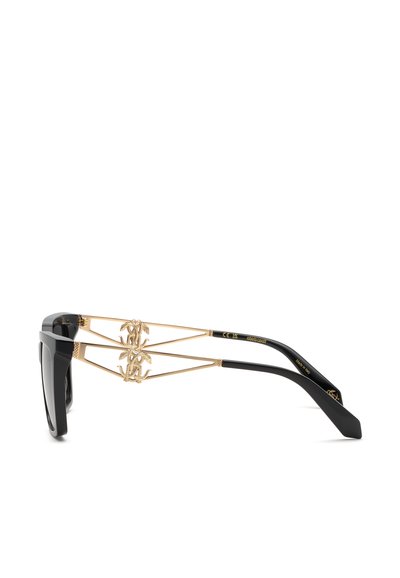 Lunettes de soleil rectangulaires noires avec des branches fines en métal doré comportant des logos dorés décoratifs et des embouts en plastique noir.