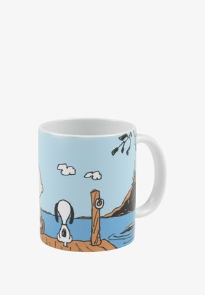 Ceramic mug with light blue background featuring cartoon characters; black and white dog, fishing dock, clouds, and lake landscape design.