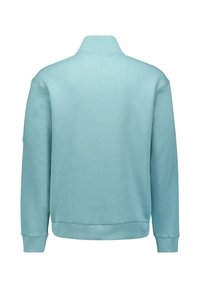 Lichtblauwe sweatshirt met een hoge kraag, geribbelde manchetten en zoom. Vlotte textuur, met een eenvoudig, effen kleurontwerp. Geen zakken of versieringen.